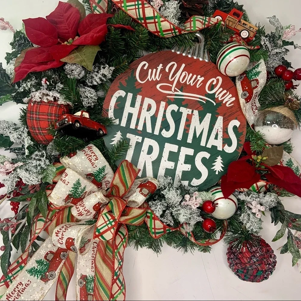 New Floral Rustic Christmas Farmhouse Pine Wreath Red Truck Trees Sign